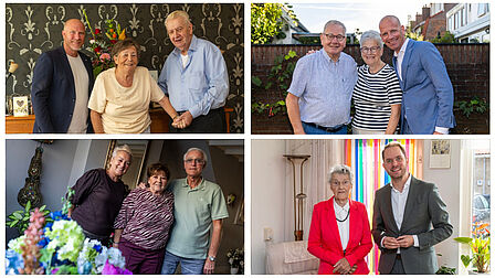 Op de afbeelding zijn vier foto's te zien waarop senioren staan met naast hen een mannelijke wethouder of een vrouwelijke wethouder.