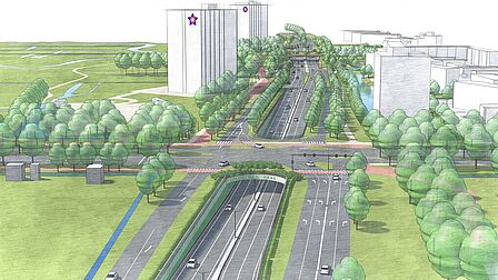 Op dit beeld ziet u hoe de nieuwe situatie op de kruising Erasmusweg – Lozerlaan eruit komt te zien. De Erasmusweg loopt straks onder de Lozerlaan door zodat het verkeer beter doorstroomt.