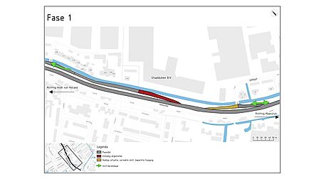 Fase 1 - Verzakkingen Maasdijk Op de afbeelding staat een fasering van wegwerkzaamheden. Daarop staan afgesloten stukken, de huidige situatie en de beschikbare inritten.