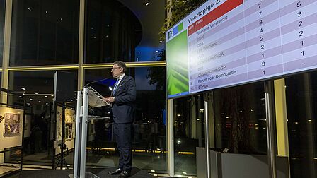 foto van burgemeester die voorlopige uitslag bekend maakt