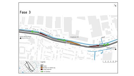 Fase 3: 2 februari tot en met 1 maart Op de afbeelding staat een fasering van wegwerkzaamheden. Daarop staan herstelde stukken, de huidige situatie en de beschikbare inritten.