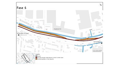 Fase 6: vanaf 18 mei staat een fasering van wegwerkzaamheden. Daarop staan afgesloten stukken in het rood en de asfaltwerkzaamheden in het oranje aangegeven.