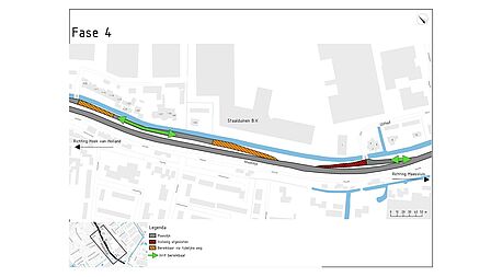 Fase 4: 2 maart tot en met 5 april Op de afbeelding staat een fasering van wegwerkzaamheden. Daarop staan herstelde stukken, de huidige situatie en de beschikbare inritten.