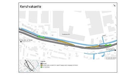 Kerstvakantie: 19 december tot en met 5 januari 2025 Op de afbeelding staat een fasering van wegwerkzaamheden. Daarop staan herstelde stukken, de huidige situatie en de beschikbare inritten.