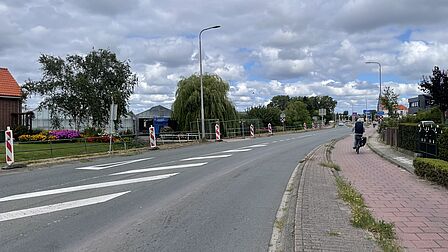 Op de foto zijn een weg en een fietspad te zien. Op het fietspad fietst iemand. Er staan ook bomen, borden en lantaarnpalen op de foto.