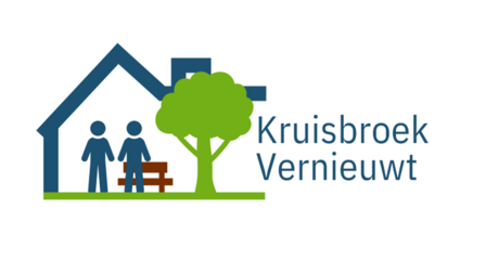 Een logo met een huis, twee personen, bankje en een boom. Er staat met tekst in Kruisbroek Vernieuwt