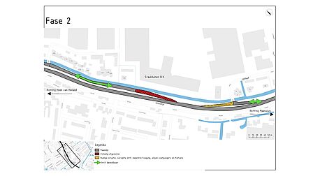 Op de afbeelding staat een fasering van wegwerkzaamheden. Daarop staan herstelde stukken, de huidige situatie en de beschikbare inritten.