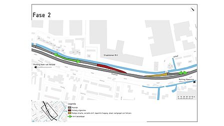 Fase 2: 6 januari 2026 tot en met 8 februari Op de afbeelding staat een fasering van wegwerkzaamheden. Daarop staan herstelde stukken, de huidige situatie en de beschikbare inritten.