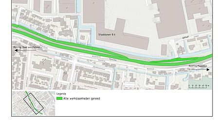 Op de tekening is de situatie te zien wanneer de asfaltwerkzaamheden aan de Maasdijk zijn afgerond. Met de groene kleur wordt aangegeven welke onderdelen van de weg zijn aangepakt.