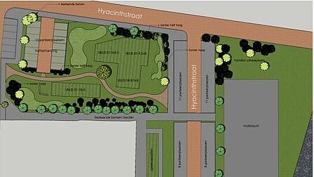 Op de afbeelding is een tekening te zien waarop allerlei dingen staan aangegeven over hoe dit gebied eruit kan gaan zien.